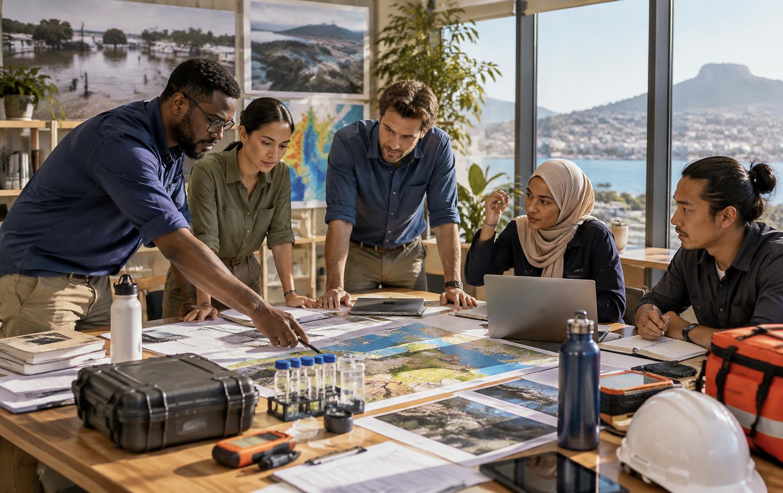 Humanitarian researchers planning environmental and disaster-readiness fieldwork